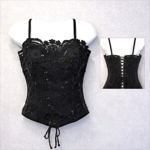 Victoria's Secret Overbust Corset Womens Medium Black Beaded Embroidered Goth